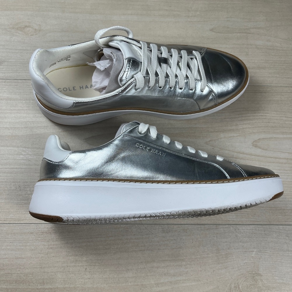 Cole Haan GrandPro Rally Court Metallic Silver Leather Platform Sneakers 7C